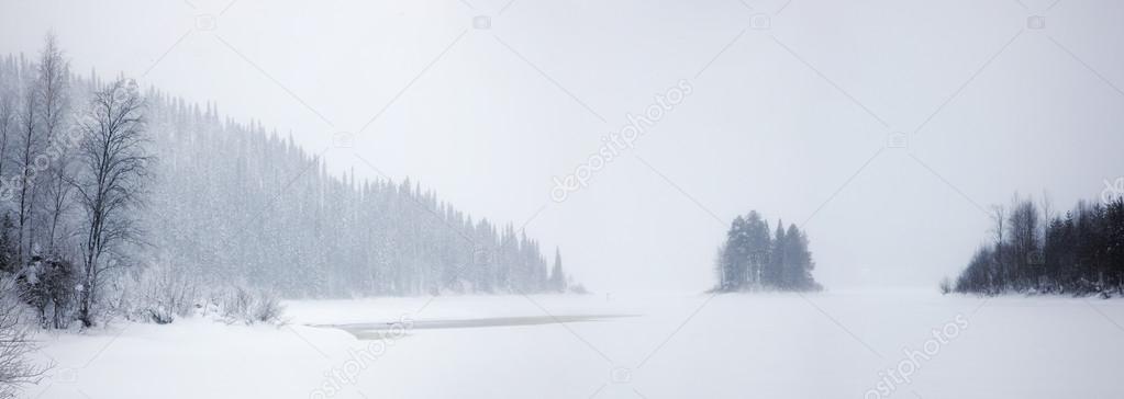 Lonely snow-covered island on a frozen lake