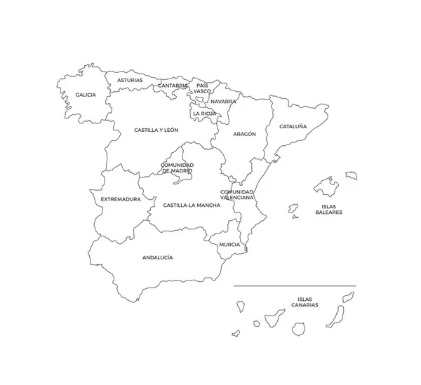 España Regiones Mapa Línea Vector — Vector de stock