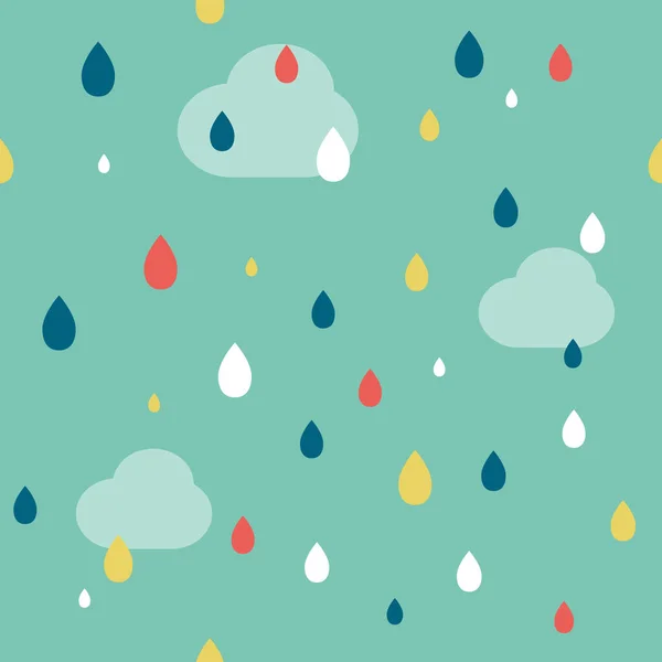 Hand Drawn Childish Clouds Rain Seamless Rectangular Colored Pattern — Stock Vector