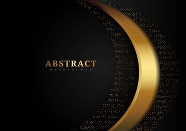 Siyah arkaplanda parıldayan altın çizgilerle örtüşen soyut lüks eğriler. Reklam, poster, şablon, iş sunumu, sanat eserleri için kullanabilirsiniz. Vektör illüstrasyonu