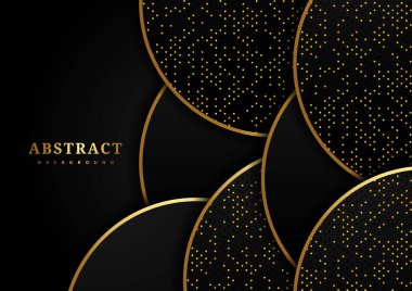 Siyah arka planda üst üste binen soyut lüks daireler ve metin için kopyalama alanı olan altın çizgiler. Vektör illüstrasyonu