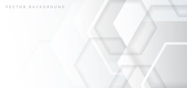 Soyut afiş beyaz ve gri geometrik altıgen üstüste binen teknoloji kurumsal konsept arka plan ile metnin için boşluk. Vektör illüstrasyonu