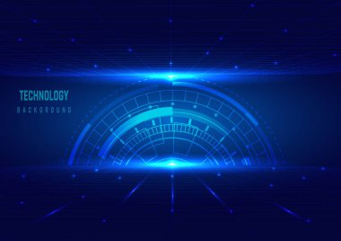 Koyu mavi arka planda perspektif ızgarası olan soyut dijital teknoloji konsept mühendislik dişli çarkı