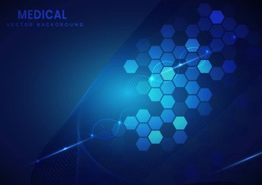Soyut mavi altıgen şablonu. Tıbbi ve bilimsel kavram ve sağlık hizmetleri. Reklam, poster, şablon, iş sunumu için kullanabilirsiniz. Vektör illüstrasyonu  
