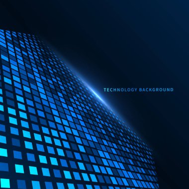 Soyut teknoloji fütüristik dijital konsept kare desenli koyu mavi arka plan perspektifli. Vektör illüstrasyonu