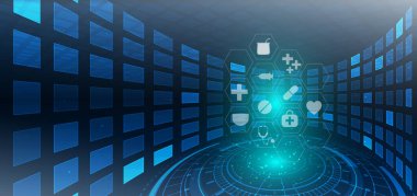 Soyut mavi geometrik şablon arka plan. Tıp ve bilim konsepti ve sağlık ikonu deseni. Reklam, poster, şablon, iş sunumu için kullanabilirsiniz. Vektör illüstrasyonu  