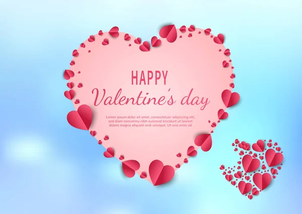 Valentine Day Background Hearts Red Papaer Cut Card Light Blue — Stock Vector