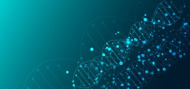 Bilim ve teknoloji konsepti için şablon ya da DNA moleküllü pankart. Reklam, poster, şablon, iş sunumu için kullanabilirsiniz. Vektör illüstrasyonu