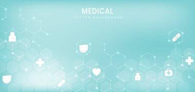 Soyut mavi altıgen desenli arka plan. Tıbbi ve bilimsel kavram ve sağlık ikonu deseni. Reklam, poster, şablon, iş sunumu için kullanabilirsiniz. Vektör illüstrasyonu  