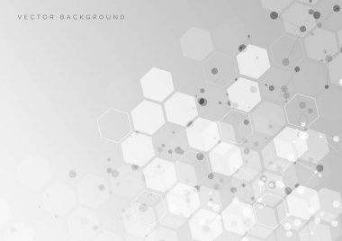 Soyut beyaz ve gri altıgen desenli arka plan. Tıbbi ve bilimsel kavram ve yapı molekülü ve iletişim. Reklam, poster, şablon, iş sunumu için kullanabilirsiniz. Vektör illüstrasyonu