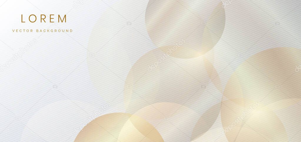 Abstract white background with golden circles overlay and lighting effect. Luxury concept. Vector illustration