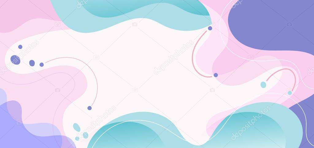 Modern background with fluid shape pink, purple, green pastel color and hand draw line on white background flat minimal design. Vector illustration