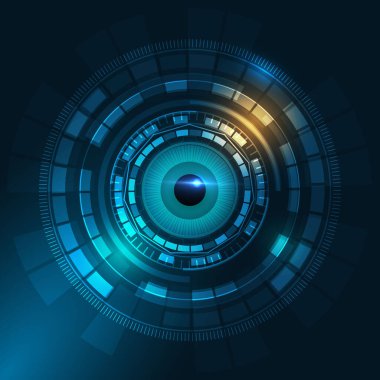 Soyut Gelecek Teknolojisi gözü mavi arka planda. Yüksek teknoloji iletişim konsepti. Vektör illüstrasyonu 