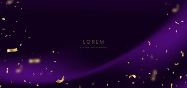 Lükslü mor eğri, koyu kırmızı arka planda, altın konfetiyle. Kutlama büyük açılış partisi mutlu konsepti. Vektör illüstrasyonu