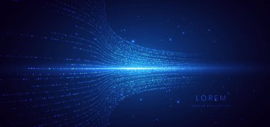 Işık efektli ve koyu mavi arka planda parlayan yüksek hız noktalı mavi ışık çizgileri. Vektör illüstrasyonu