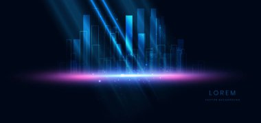 Işık efekti ve ışıltısıyla koyu mavi arka planda parlak bir şehir manzarası. Şehir manzarası. Vektör illüstrasyonu