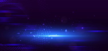 Soyut mavi parlayan yatay çizgiler koyu arkaplanda ışık. Hızlı hareket, dijital iletişim konsepti. Vektör illüstrasyonu