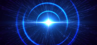 Işık efektli ve koyu mavi arka planda ışıldayan yüksek hız mavi ışık çizgileri. Vektör illüstrasyonu