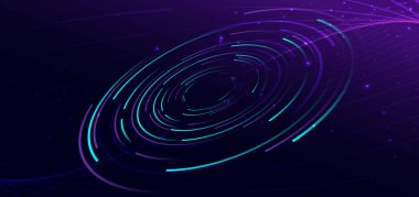 Parlayan daireler koyu arkaplandaki fütüristik teknoloji çizgileri. Teknoloji veri iletişimi kavramı. Vektör illüstrasyonu