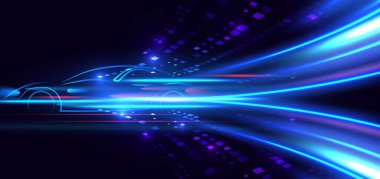 Parlak mavi ve pembe ışık yolları, parlak hareket çizgileri ve karanlık bir arkaplanda dijital parçacıklar bulunan parlak neon renkli bir araba silueti içeren yüksek teknoloji soyut arka plan. Vektör illüstrasyonu