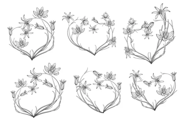 Sada Květinových Aranžmá Srdce Květinové Srdce Jarní Květiny — Stockový vektor