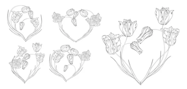 Set Van Bloemstukken Hart Het Bloemenhart Voorjaarsbloemen Tulpen — Stockvector