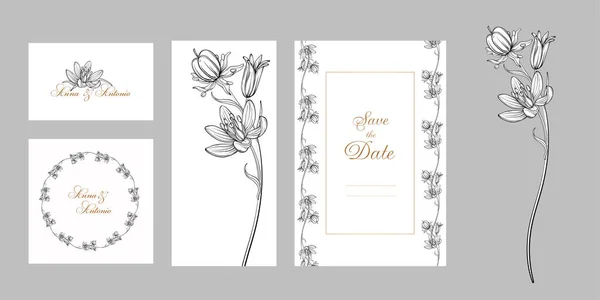 Set Ansichtkaarten Met Grafische Bloemen Voorjaarsbloemen — Stockvector