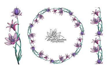 Bir dizi pembe çiçek. Çelenk. Buket. Bahar çiçekleri