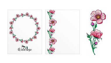 Gül çiçekli bir kartpostal seti. Pembe çiçekler. Gül.