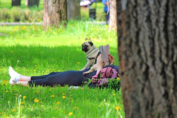 relaxing with a book and a four-legged friend on the grass in a city park