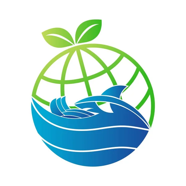 Eco Globe Világ Cápa Hullámok Óceán Logó — Stock Vector