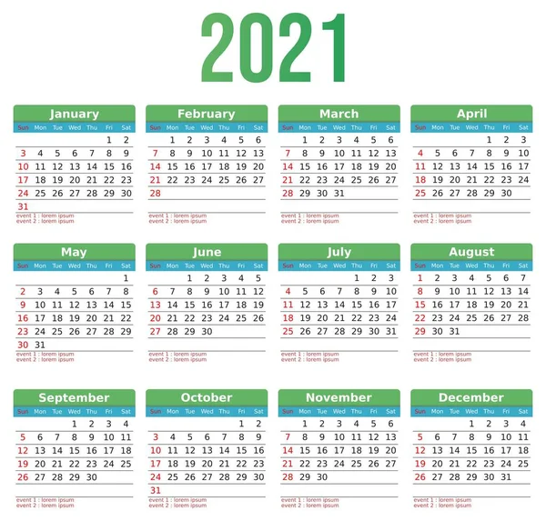 Colorat Anul 2021 Șablon Design Vectorial Calendar Calendar Pentru 2021 — Vector de stoc