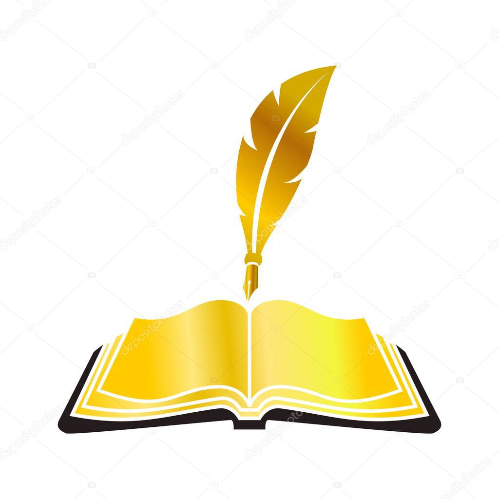 Golden feather pen and golden book illustration