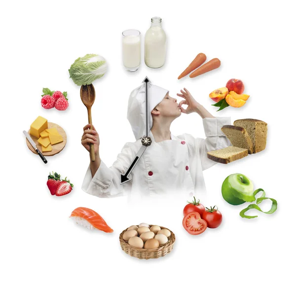 Der kleine Junge, der als Koch verkleidet ist und einen Kochlöffel auf weißem Hintergrund trägt, wird ab 10 Uhr aus gesunden Lebensmitteln zubereitet. gesundes Ernährungskonzept. — Stockfoto
