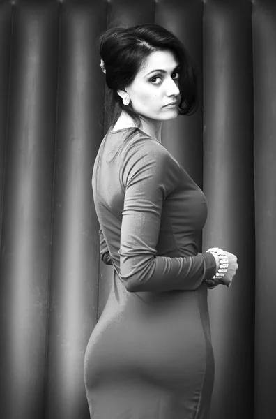 Black and white art photo. Elegant lady with stylish long hairstyle