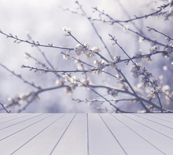 Empty table with blured flowering trees  background, for product display template — Stock Photo, Image