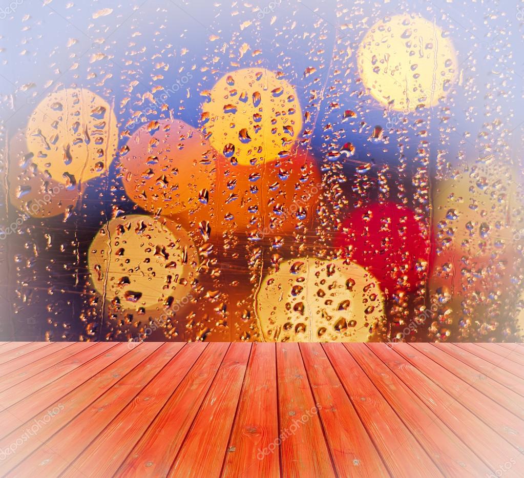 Empty Table With Blurred Window Rain Drops Background For Product Display Template Stock Photo By C Marcinwos