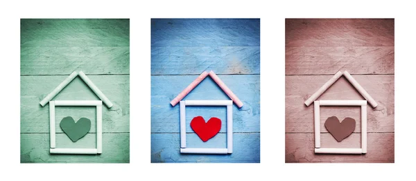 Chalk house with heart shape inside on wooden background, triptych in green, blue and brown — Stock Photo, Image