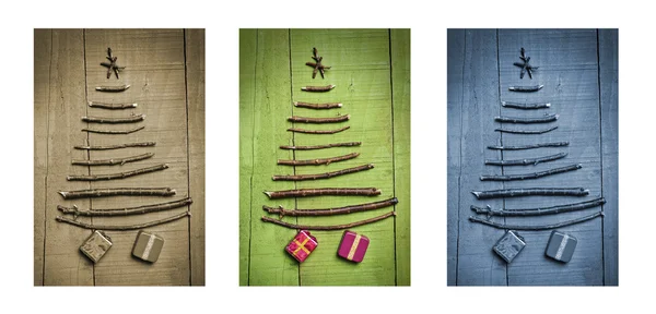 Karácsonyfák készült fa ágai, ajándékokkal. Triptichon, zöld, kék, barna. — Stock Fotó