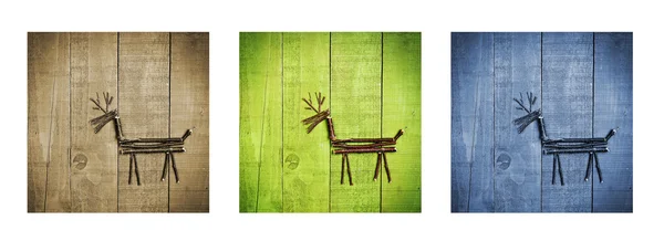 驯鹿从枝上木制的背景。棕色、 绿色和蓝色的三联画. — 图库照片