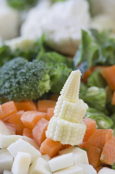 Surtido de verduras cortadas. Zanahorias, maíz, chirivías, brócoli, coliflor . — Foto de Stock