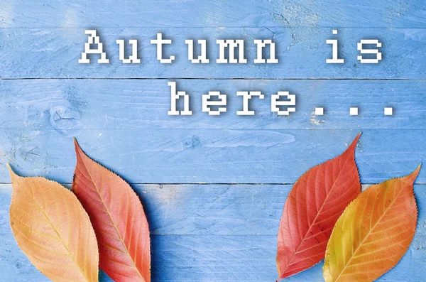 L'autunno è qui... scritto su sfondo blu, in legno con foglie colorate . — Foto Stock