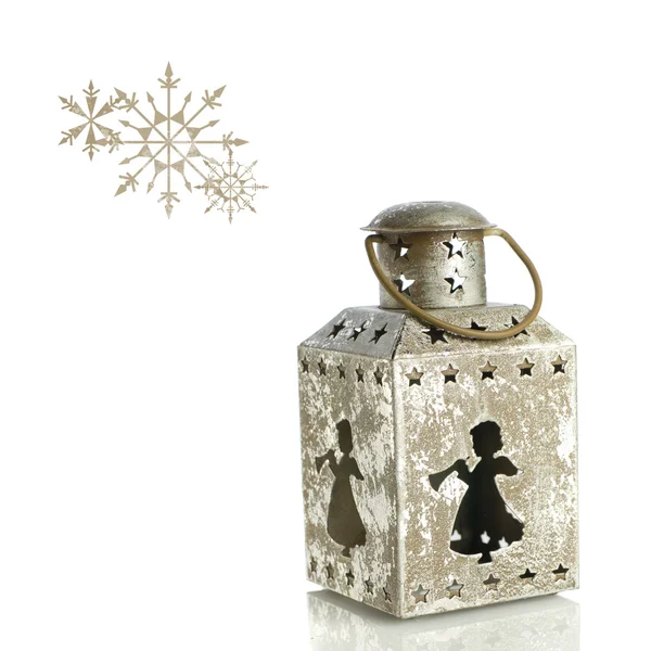 Old Christmas lantern with angels, stars ornaments on white background. Snowflakes. — Stock Photo, Image