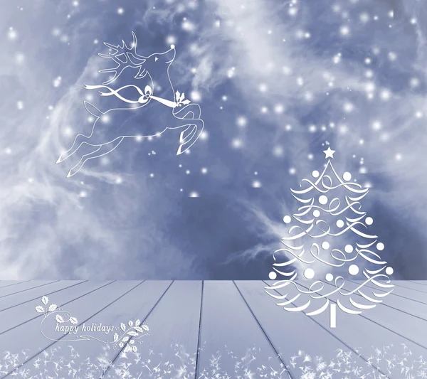 Renna dell'albero di Natale e neve su sfondo blu. Tavolo in legno vuoto blu pronto per il montaggio sul display del prodotto. Buone vacanze . — Foto Stock