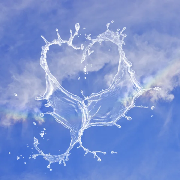 Heart made from splashed water on blue sky background. Better times/weather for gay people. Rainbow Colours Gay Lesbian. — Stock Photo, Image