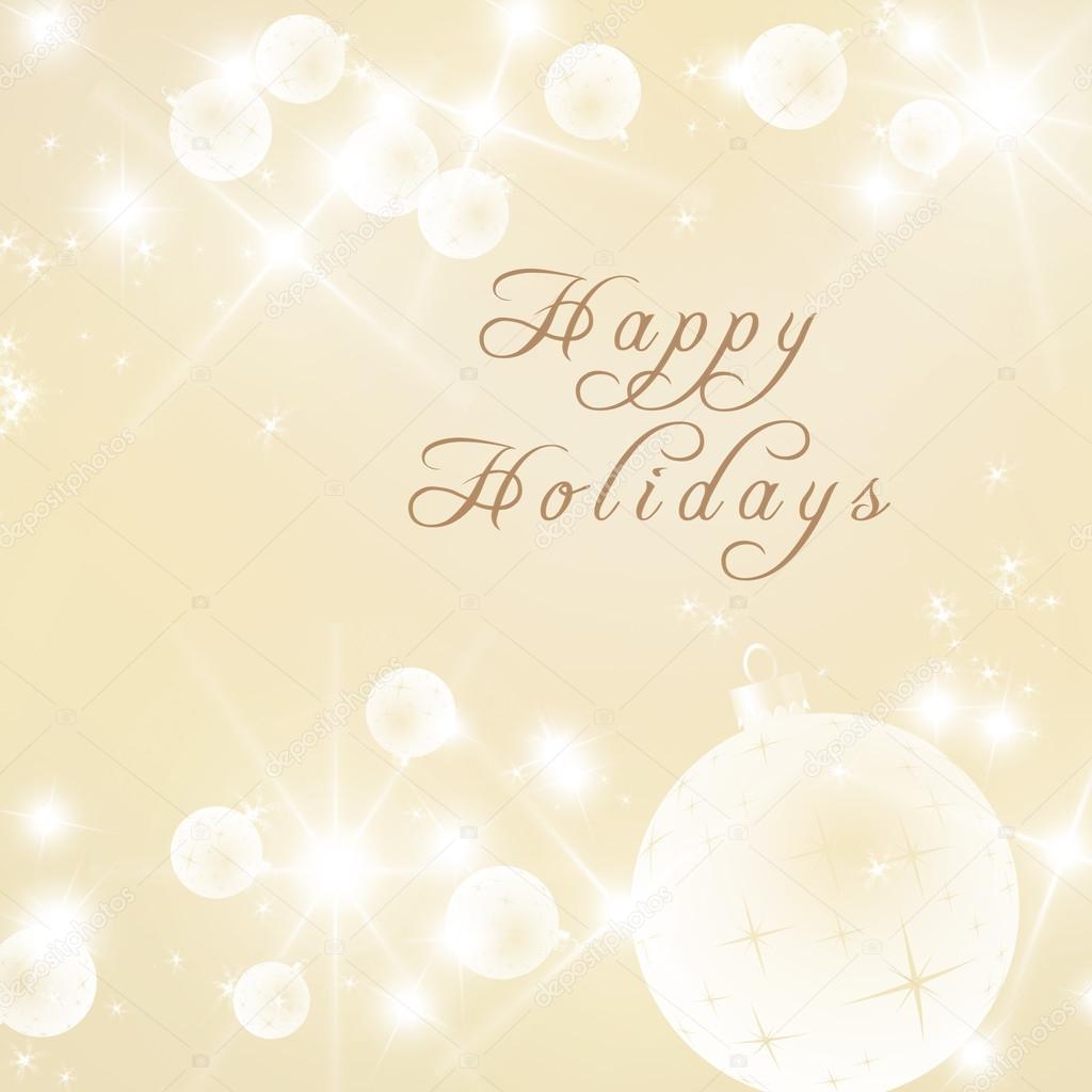 Happy Holidays text written on bright Christmas background. Stars snow flaks balls.