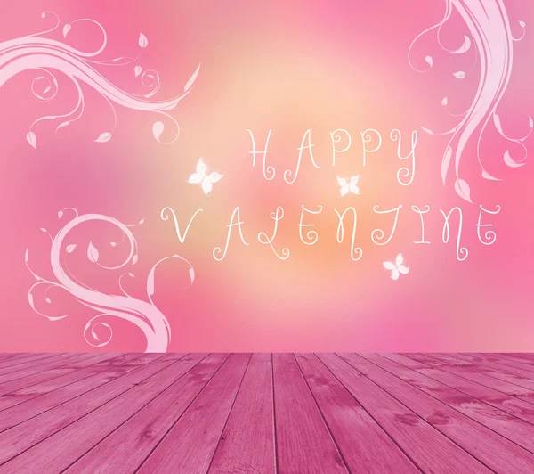 Tom röd trädäck bord med Happy Valentine text som skrivs på rosa bakgrund med fjäril och grenar... Redo för produkt displayen montage — Stockfoto