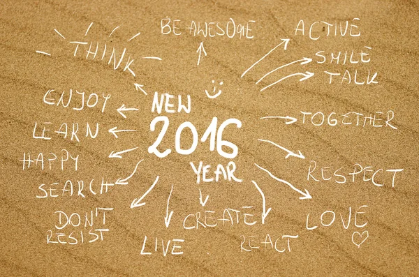 New year 2016 idea handwritten words on a real yellow sand background. — Stock Photo, Image