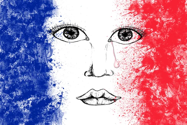 Wajah manusia dengan tetesan air mata pada bendera Perancis dibuat dari warna percikan biru merah putih . — Stok Foto