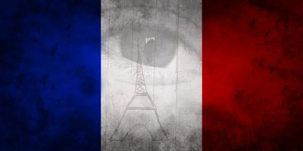 Œil humain et Tour Eiffel de Paris aux couleurs du drapeau français bleu blanc rouge . — Photo